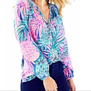 LILLY PULITZER Elsa Pineapple Silk Blouse Size M